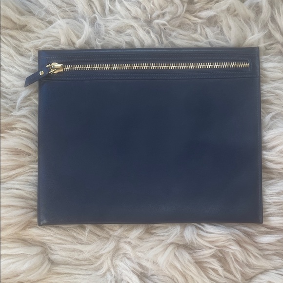 Neiman Marcus Navy Leather Clutch with Gold Zipper - Picture 1 of 9